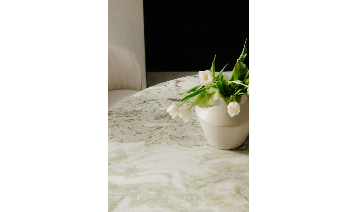 Enfield Dining Table in Onyx Marble, styled in a living room, view 8