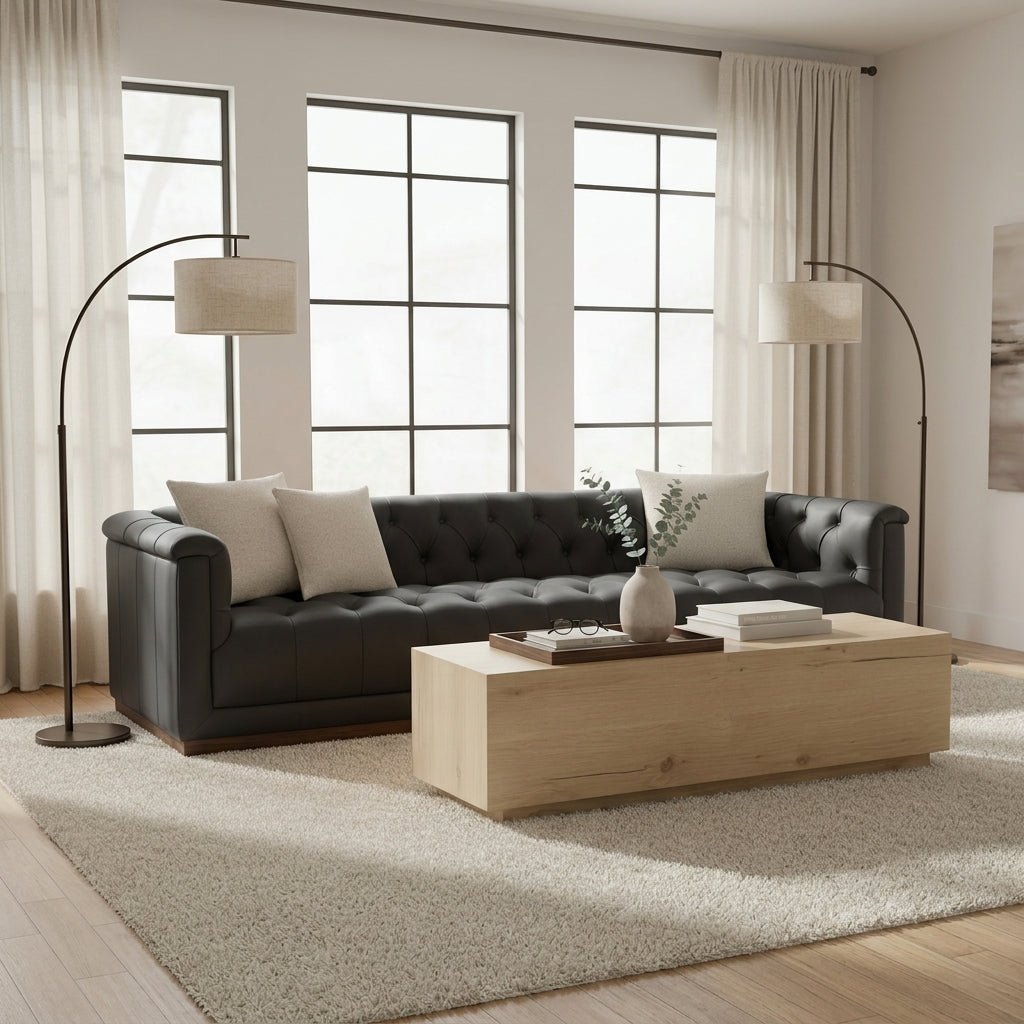 Modern living room with a black sofa, wooden coffee table, and large windows.