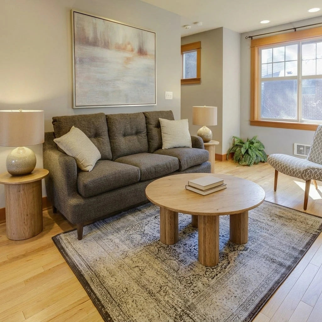 Jokkmokk Coffee Table with two Jokkmokk Side Tables beside a sofa