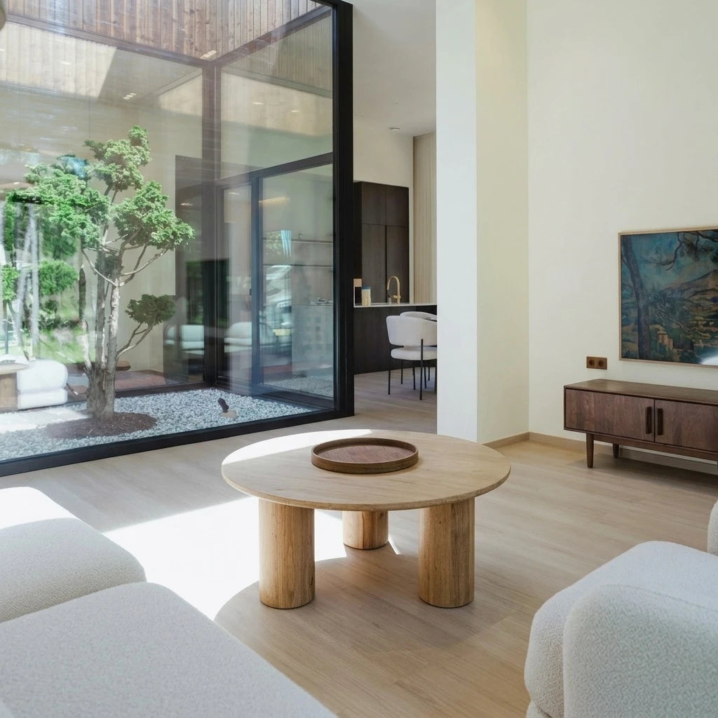 Jokkmokk round oak coffee table on three pillar legs in a bright living room