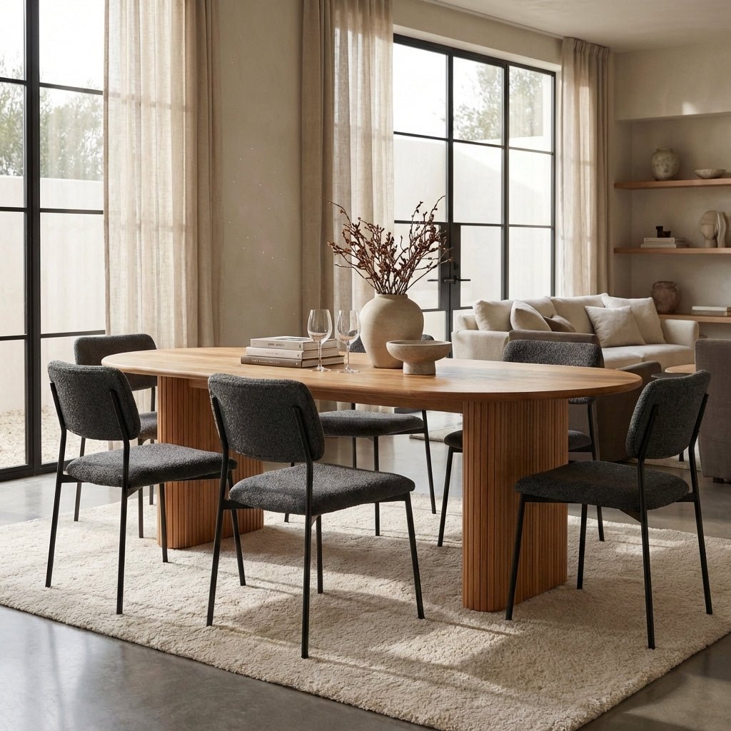 Kelowna Rounded Solid Wood Table with cylindrical legs in Scandinavian style — Altera Home Design