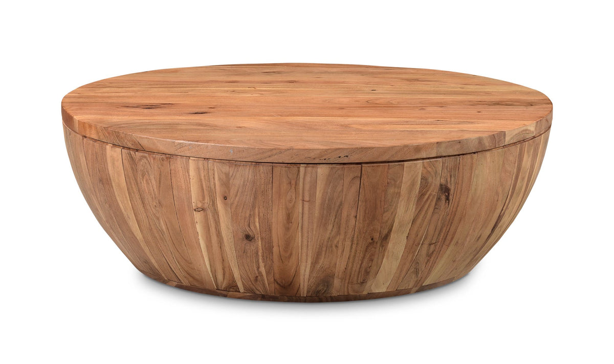Emden Coffee Table in Natural — solid acacia wood, 35½" × 35½"