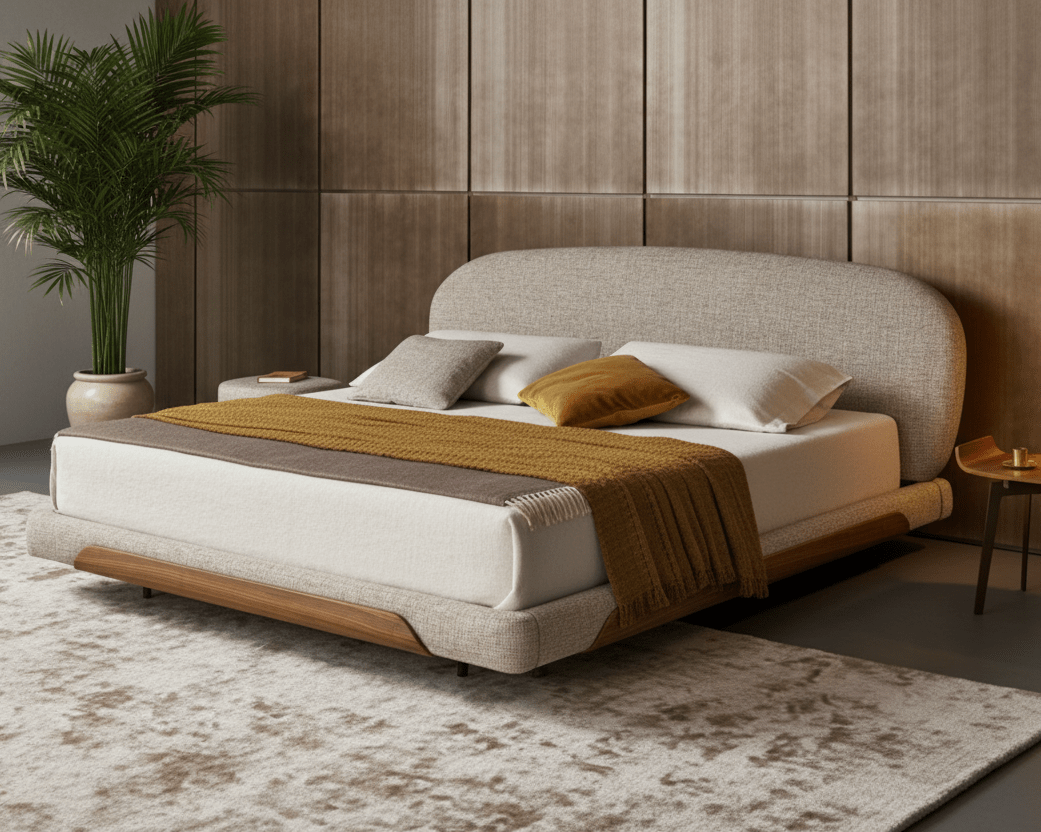 Linden Modern Upholstered Bed with curved padded headboard and walnut accents — Altera Home Design Canada
