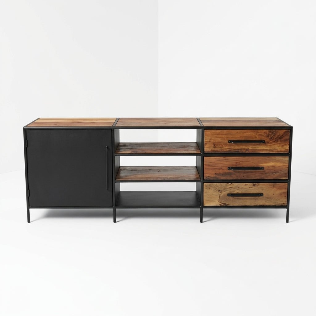 Luang Prabang Recycled Wood TV Stand with Steel Door and 3 Drawers - Altera