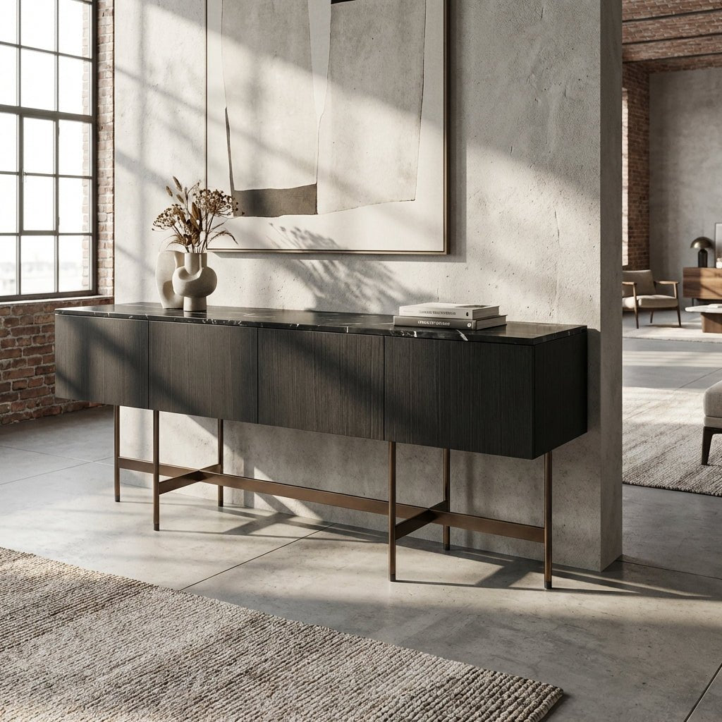 Nero Marquina Marble and Black Veneer Buffet - Altera