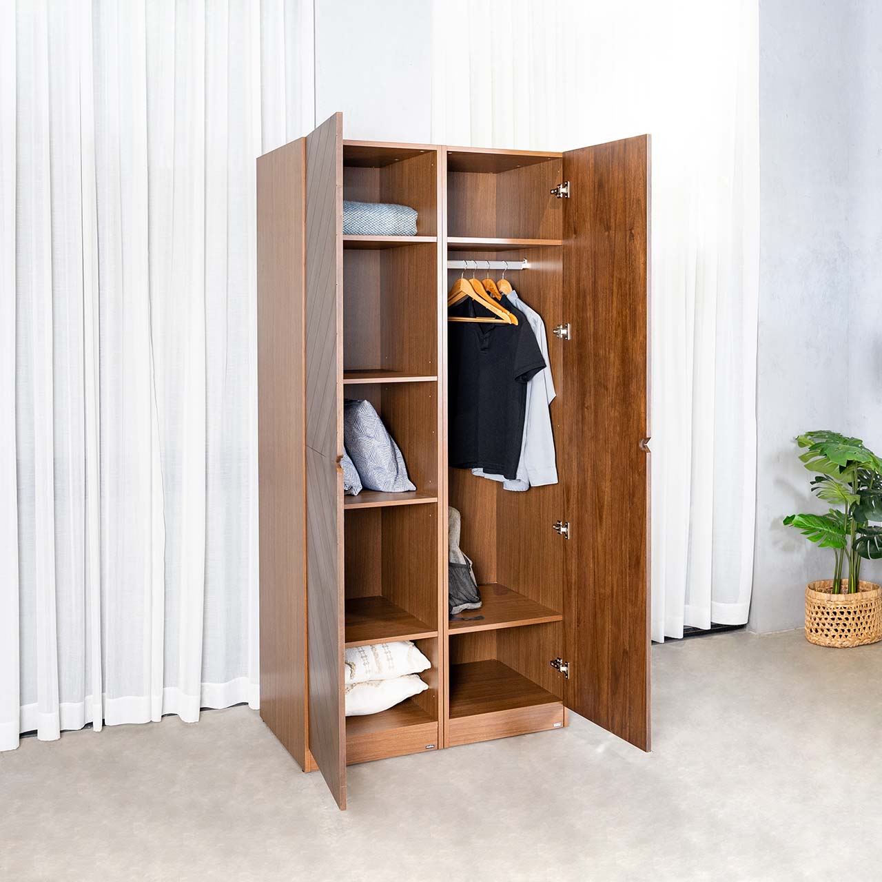 MOHO HOBRO 301 Two-Door Wooden Wardrobe with Geometric Veneer, Brown Finish
