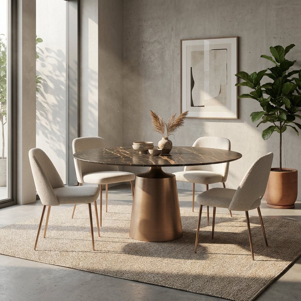 Olympus Round Dining Table with Sahara Noir marble top and sculptural bronze pedestal — Altera Home Design Canada
