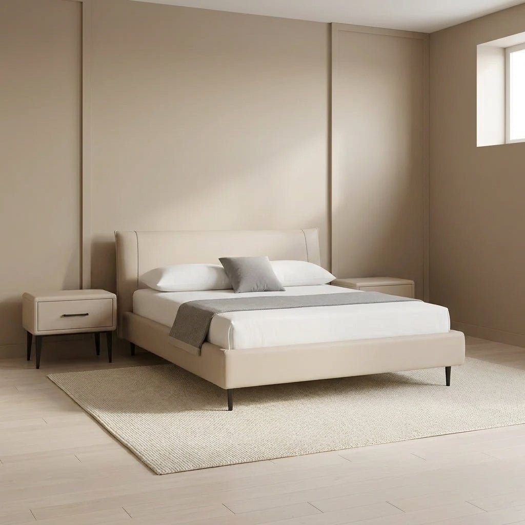 Ovalle Beige Leather Bed with Matching Nightstands - Altera