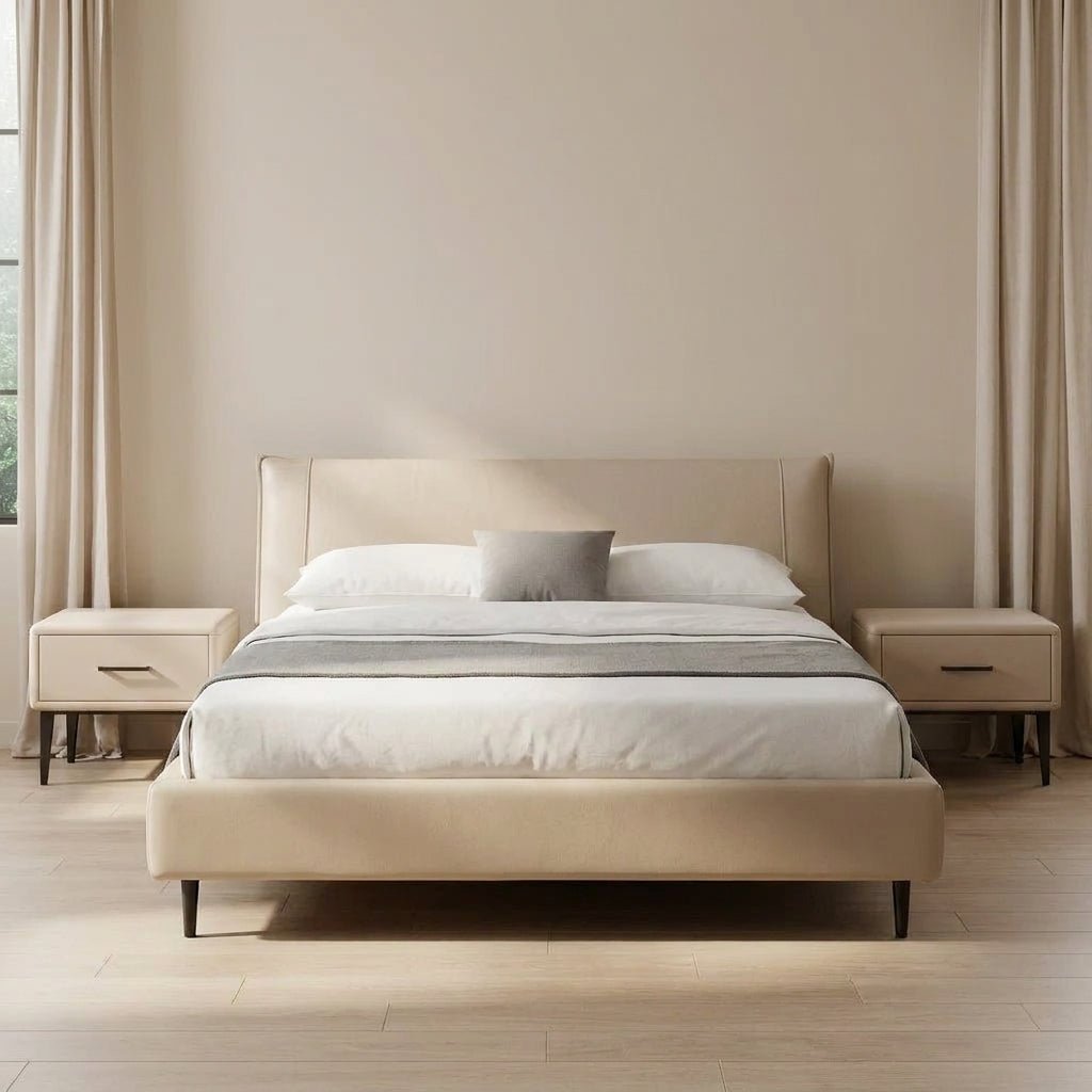 Ovalle Beige Leather Bed with Matching Nightstands - Altera