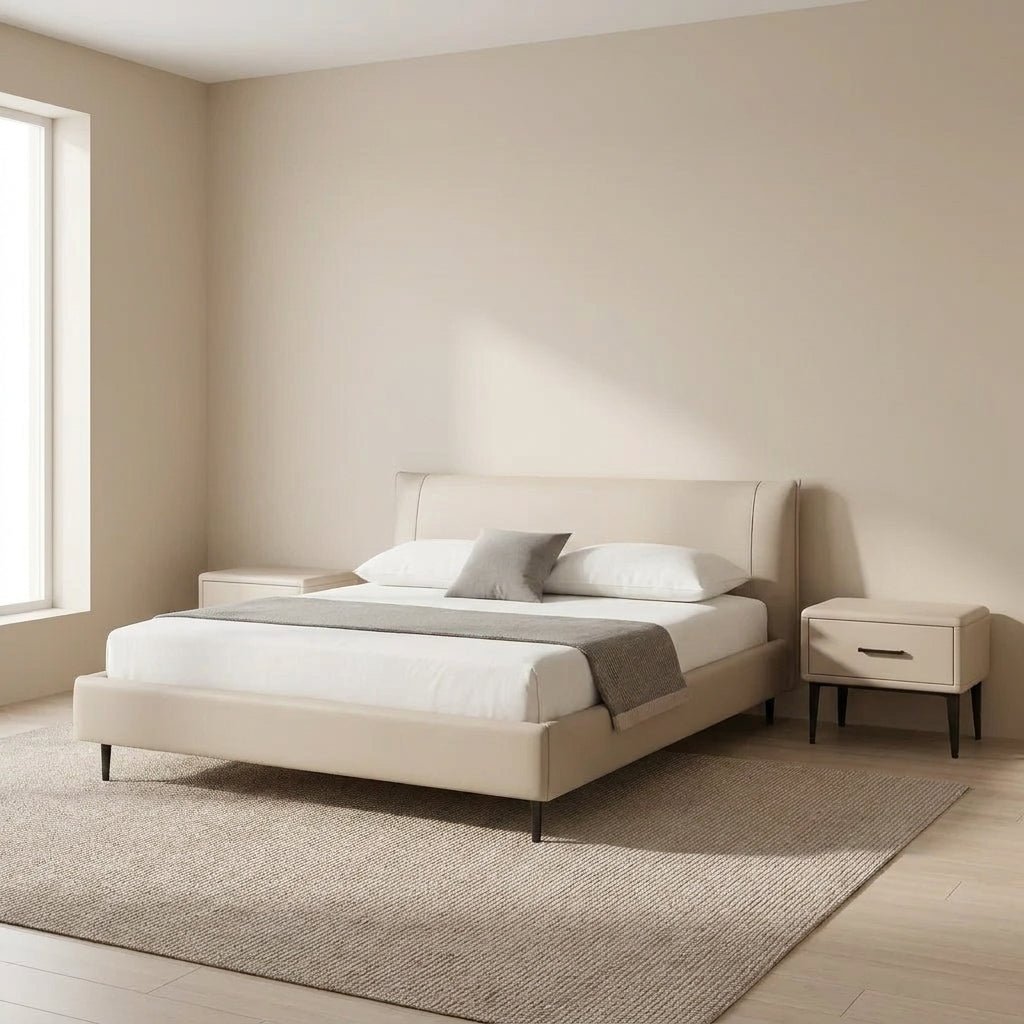 Ovalle Beige Leather Bed with Matching Nightstands - Altera