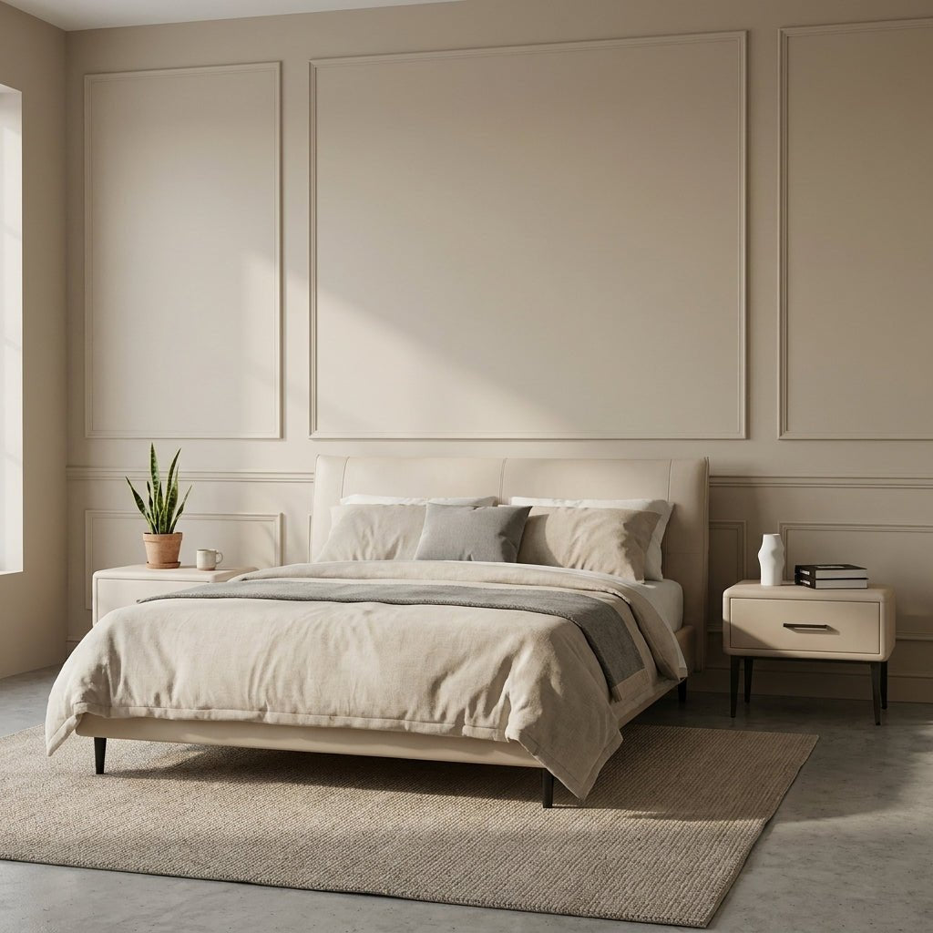 Ovalle Beige Leather Bed with Matching Nightstands - Altera