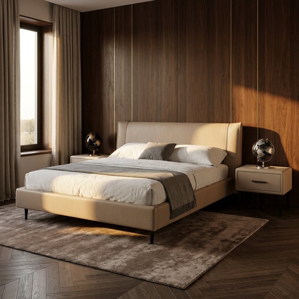 Ovalle Beige Leather Bed with Matching Nightstands - Altera