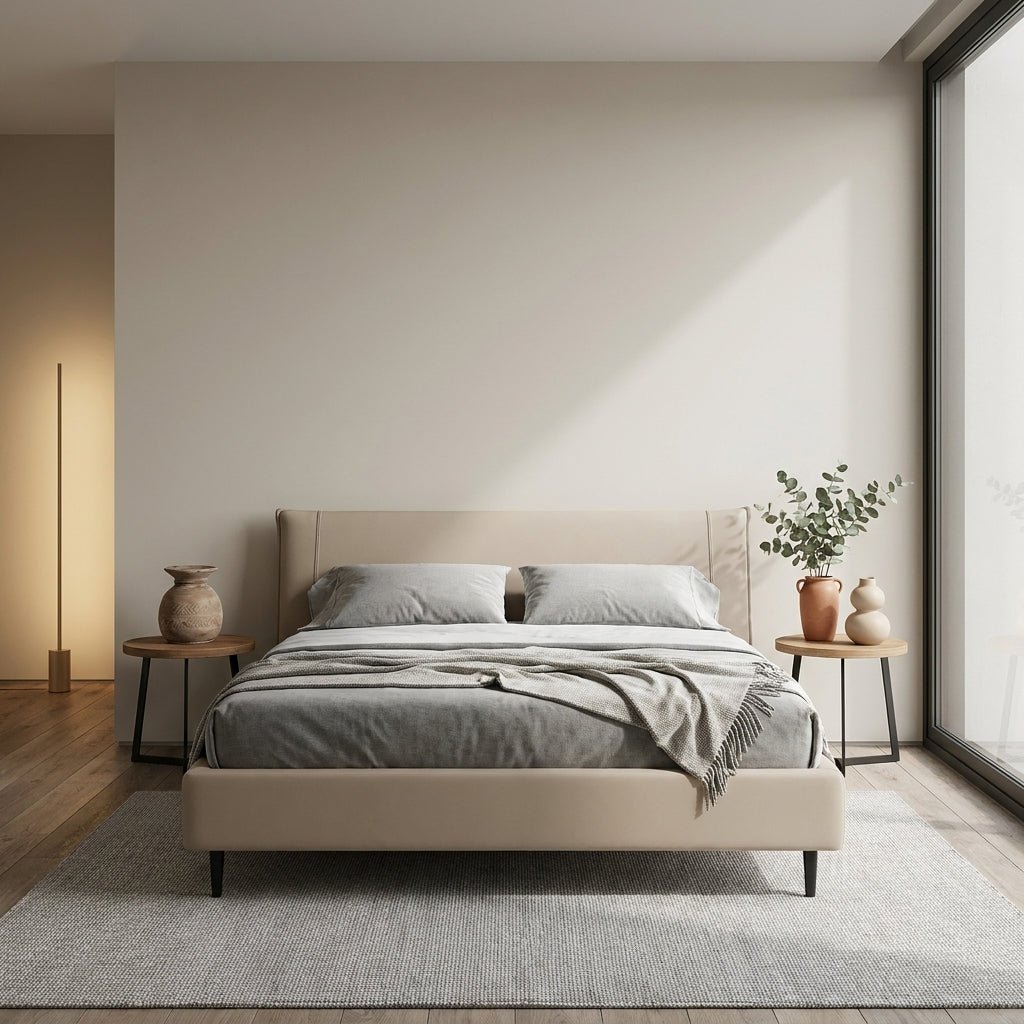 Ovalle Beige Leather Bed with Matching Nightstands - Altera