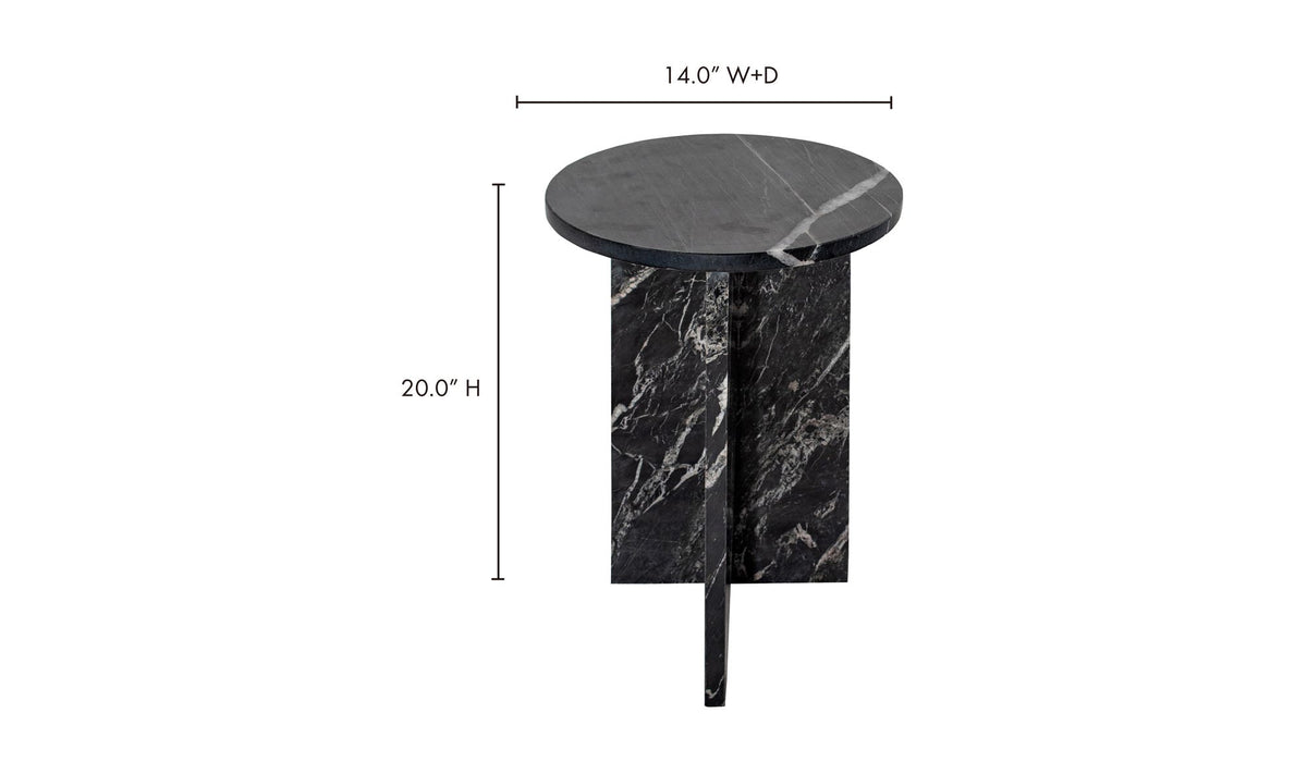 Grasse Accent Table in Black Marble — dimensions diagram, 14" × 14"