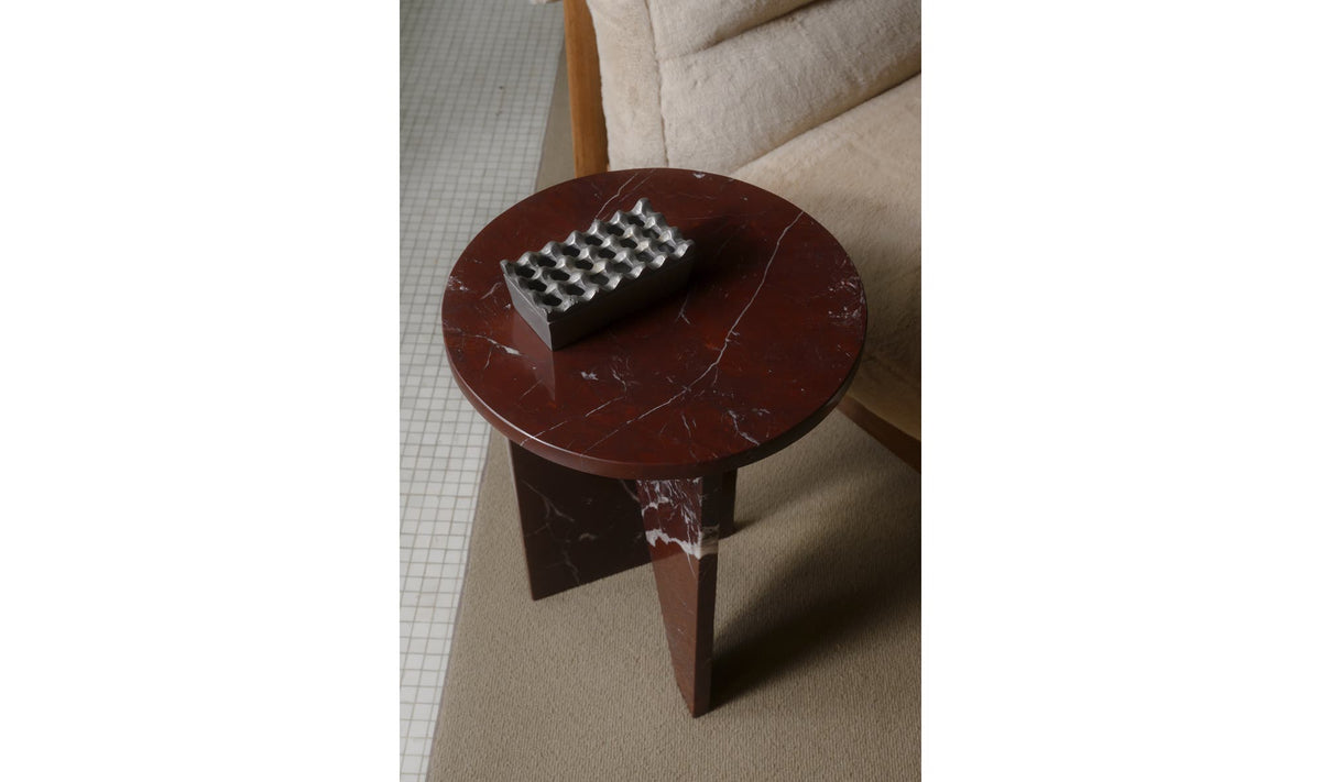 Grasse Accent Table in Rosso Levante Marble — styled in a living room