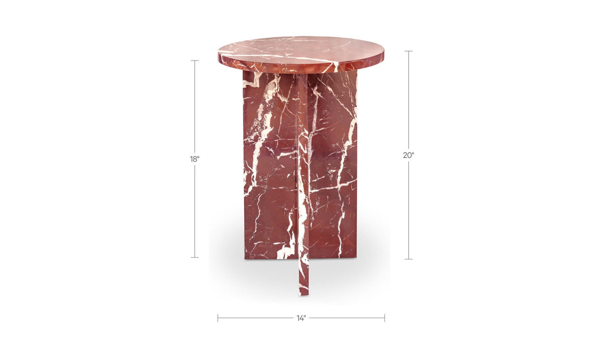 Grasse Accent Table in Rosso Levante Marble — dimensions diagram, 14" × 14"