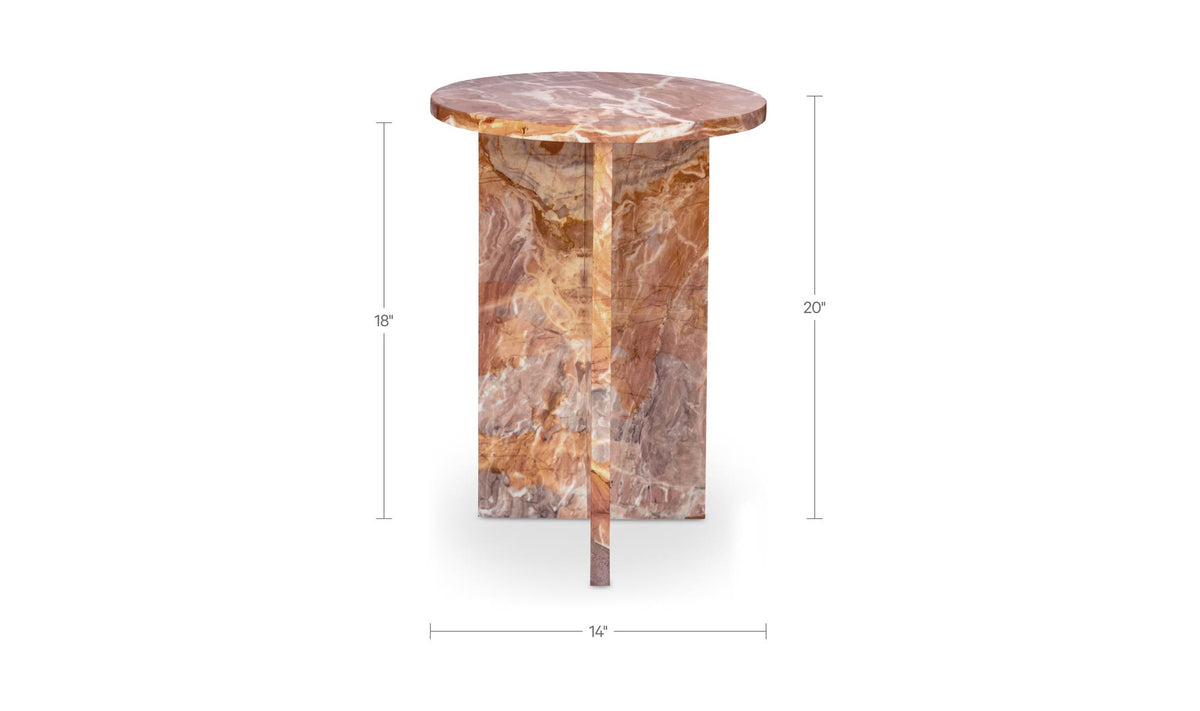 Grasse Accent Table in Orange Levante Marble — dimensions diagram, 14" × 14"
