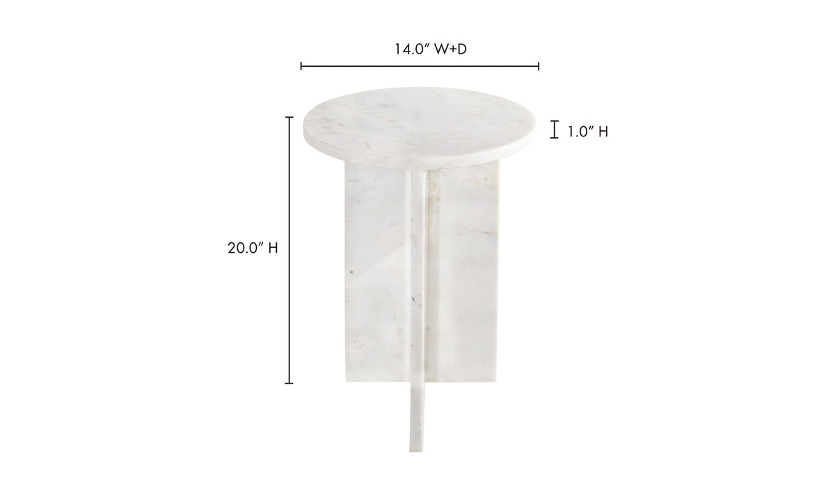 Grasse Accent Table in White Marble — dimensions diagram, 14" × 14"