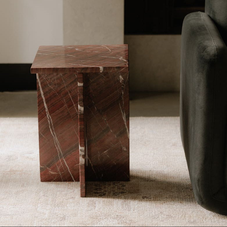 Burnley Accent Table in Rosso Levanto Marble — styled in a living room
