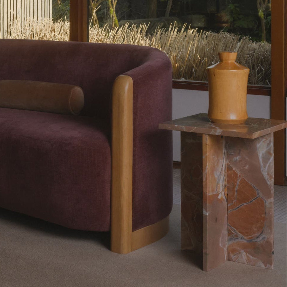 Burnley Accent Table in Orange Levante Marble — styled in a living room