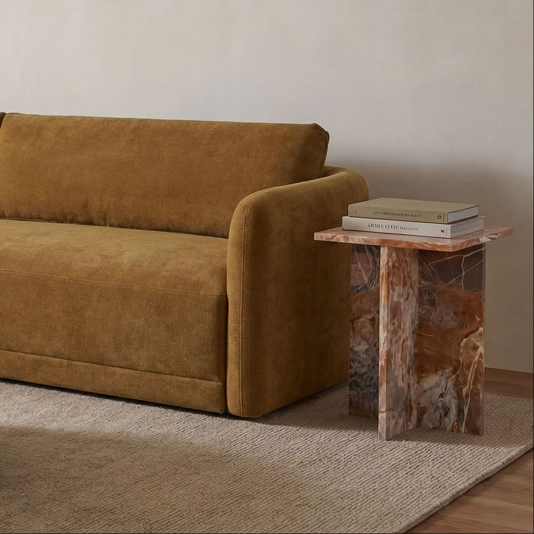 Burnley Accent Table in Orange Levante Marble — styled in a living room