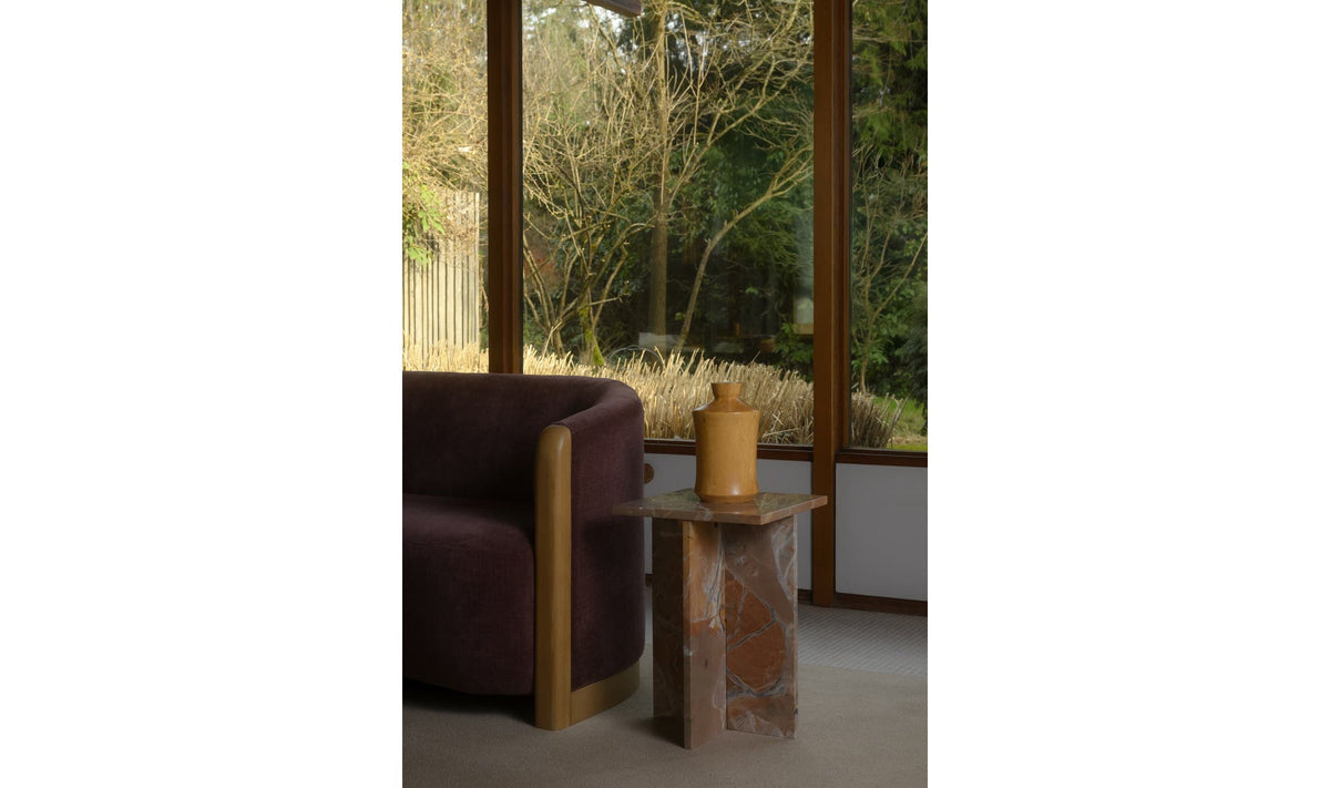 Burnley Accent Table in Orange Levante Marble — styled in a living room