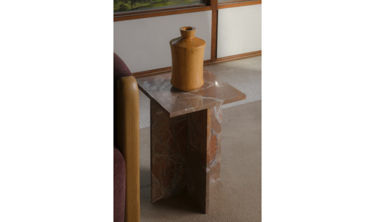 Burnley Accent Table in Orange Levante Marble — styled in a living room