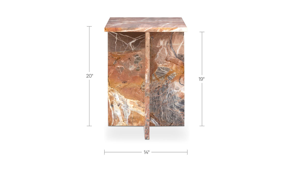 Burnley Accent Table in Orange Levante Marble — dimensions diagram, 14" × 14"