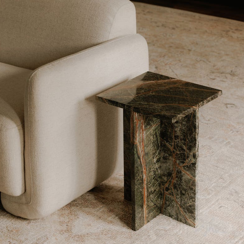 Burnley Accent Table in Rainforest Green Marble — styled in a living room