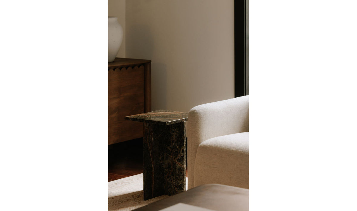 Burnley Accent Table in Rainforest Green Marble — styled in a living room
