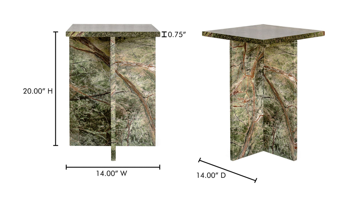 Burnley Accent Table in Rainforest Green Marble — dimensions diagram, 14" × 14"