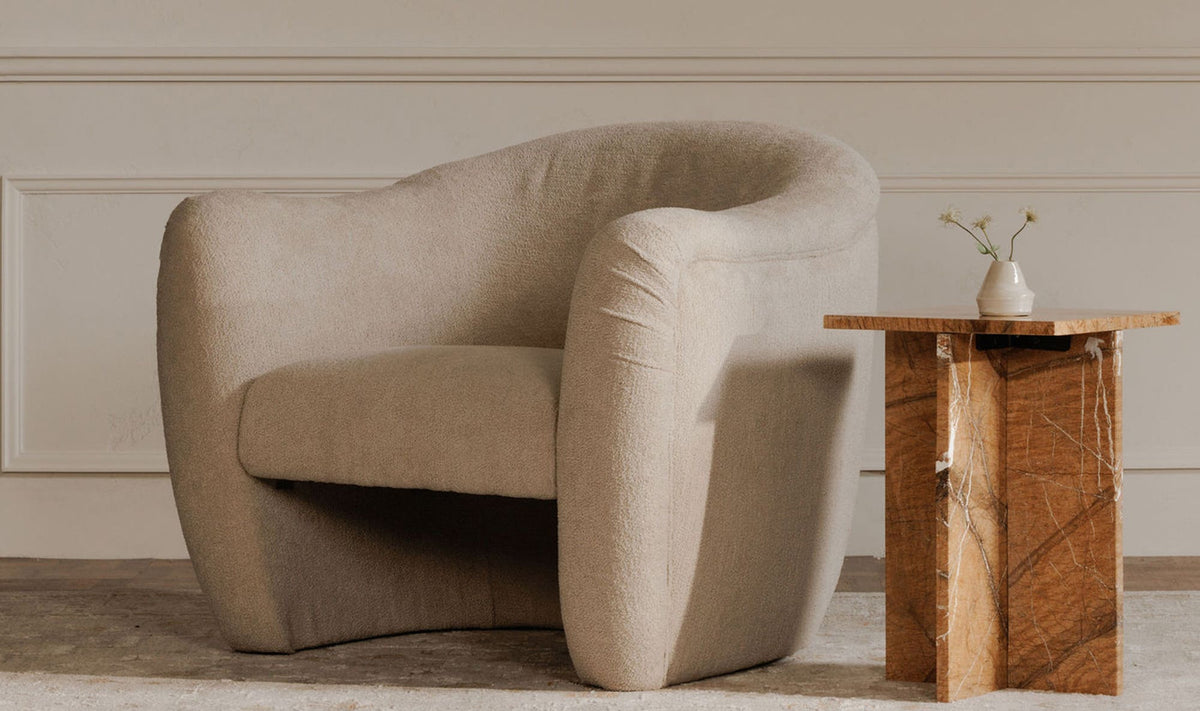 Burnley Accent Table in Golden Forest Marble — styled in a living room