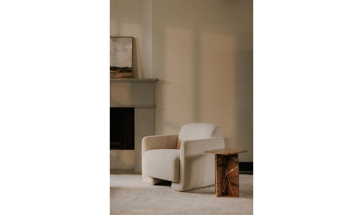 Burnley Accent Table in Golden Forest Marble — styled in a living room