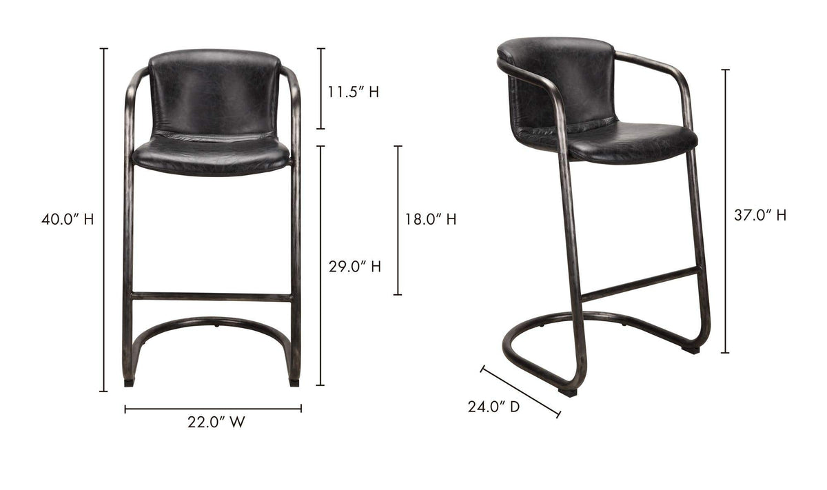 Fougeres Bar Stool Set of Two in Onyx Black Leather, dimensions diagram, 22" × 24"
