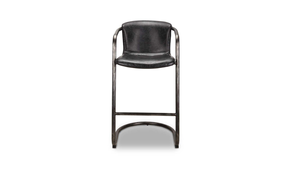 Fougeres Bar Stool Set of Two in Onyx Black Leather, top grain leather detail