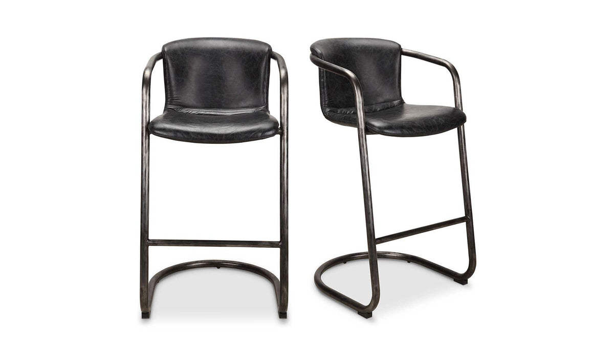 Fougeres Bar Stool Set of Two in Onyx Black Leather, top grain leather, 22" × 24"