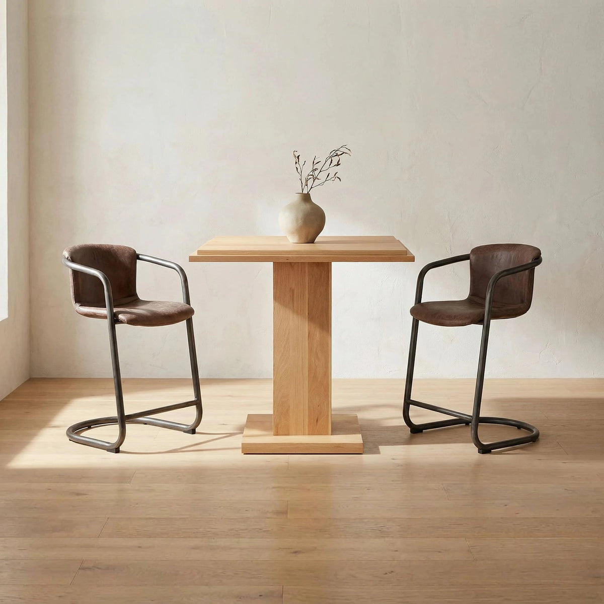 Fougeres Bar Stool Set of Two in Grazed Brown Leather, styled in a living room