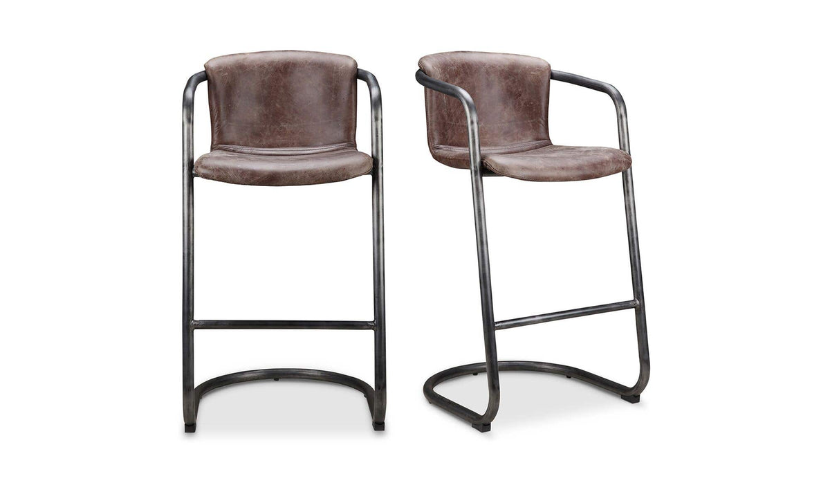 Fougeres Bar Stool Set of Two in Grazed Brown Leather, top grain leather, 22" × 24"