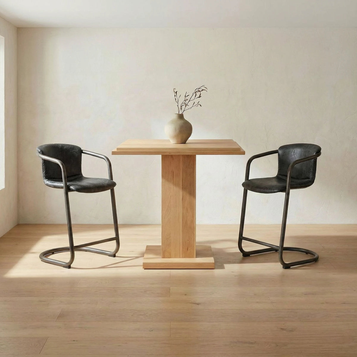 Fougeres Counter Stool Set of Two in Onyx Black Leather, styled in a living room