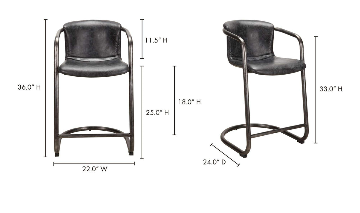 Fougeres Counter Stool Set of Two in Onyx Black Leather, dimensions diagram, 22" × 24"