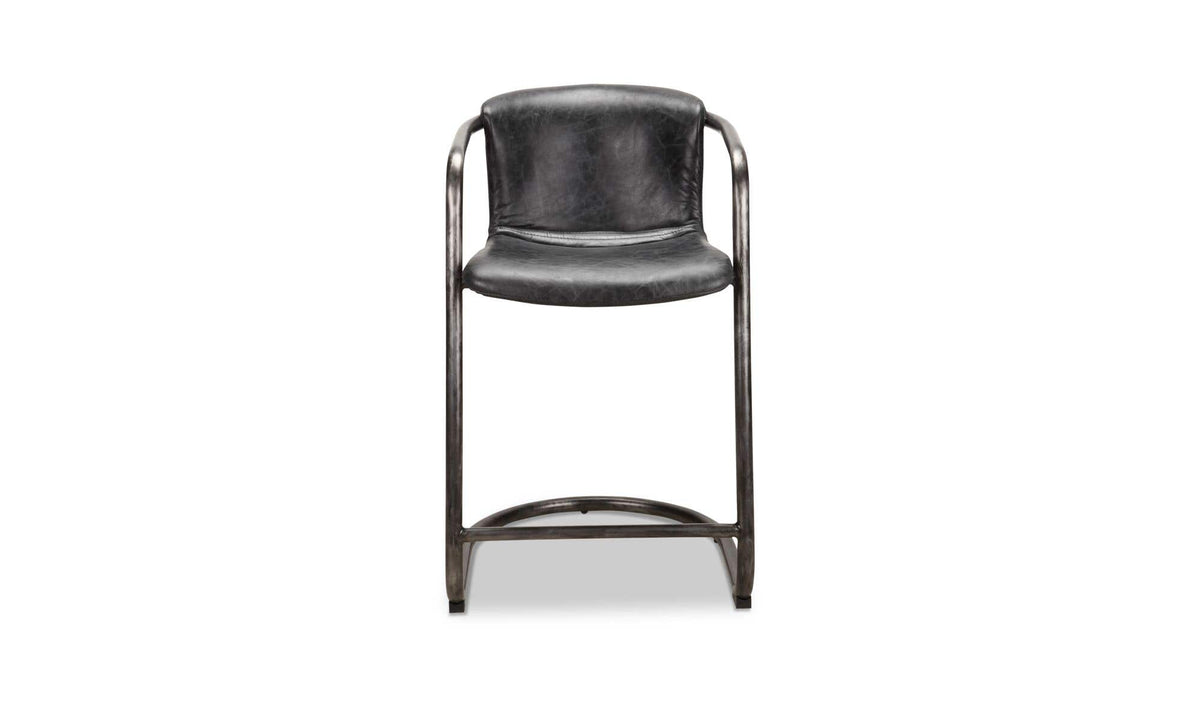 Fougeres Counter Stool Set of Two in Onyx Black Leather, top grain leather detail
