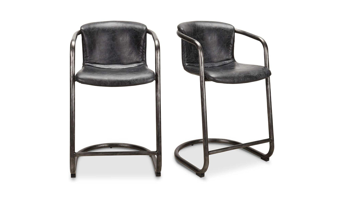 Fougeres Counter Stool Set of Two in Onyx Black Leather, top grain leather, 22" × 24"