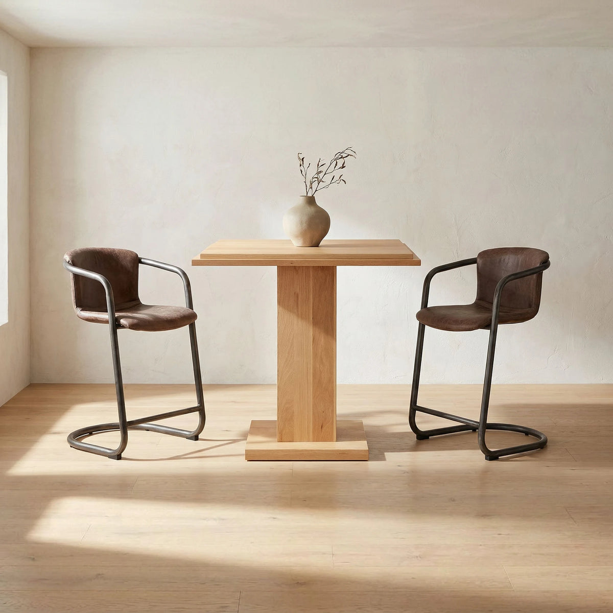 Fougeres Counter Stool Set of Two in Grazed Brown Leather, styled in a living room