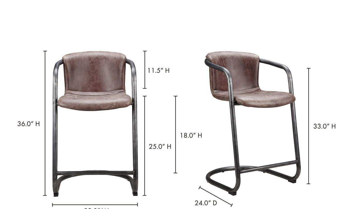 Fougeres Counter Stool Set of Two in Grazed Brown Leather, dimensions diagram, 22" × 24"
