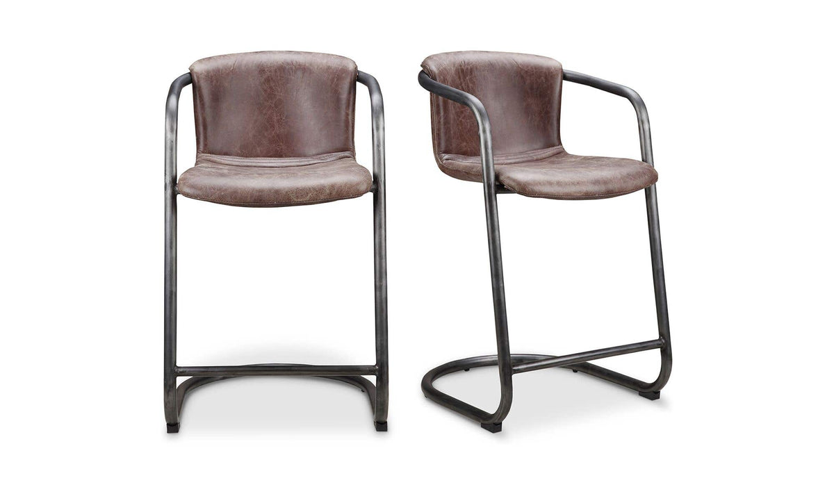 Fougeres Counter Stool Set of Two in Grazed Brown Leather, top grain leather, 22" × 24"