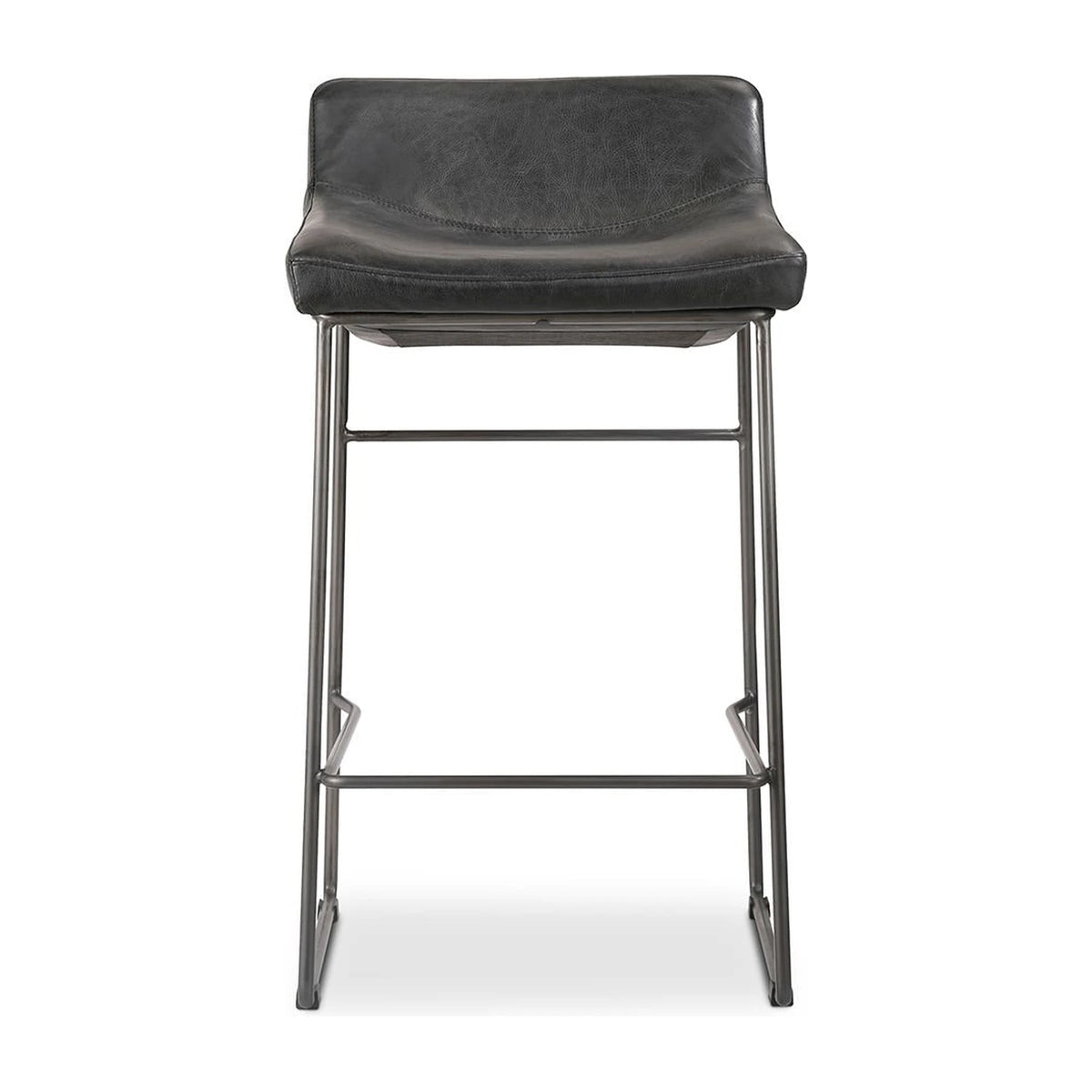 Savoy Counter Stool Set of Two in Onyx Black Leather, top grain leather, 17" × 20"