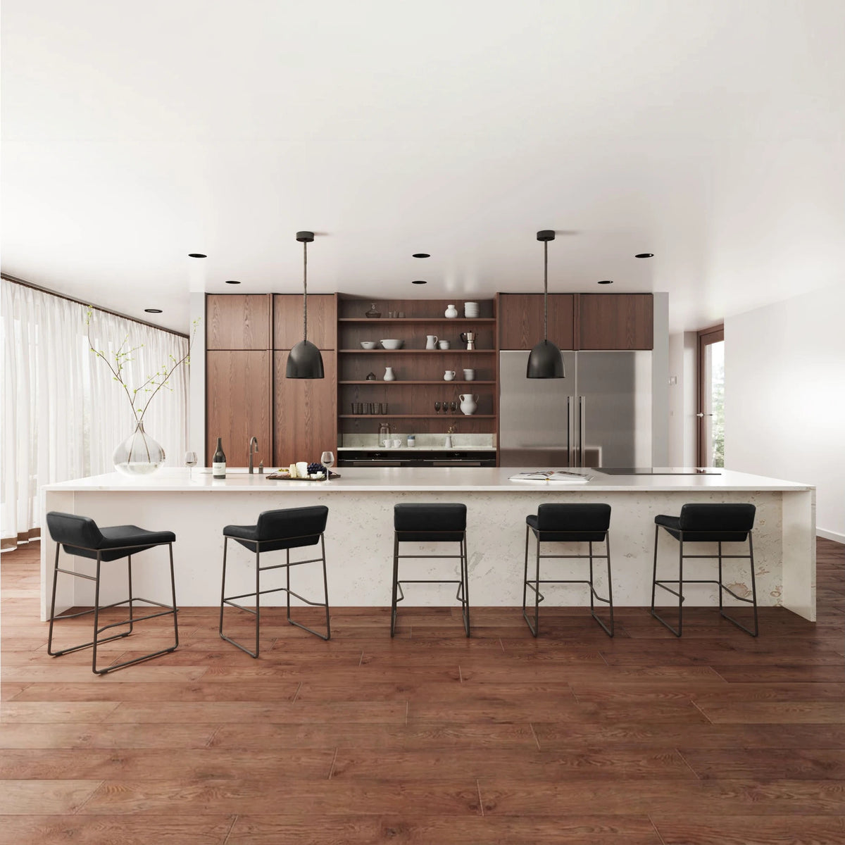 Savoy Counter Stool Set of Two in Onyx Black Leather, styled in a living room