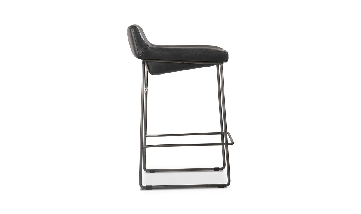 Savoy Counter Stool Set of Two in Onyx Black Leather, top grain leather detail, view 3