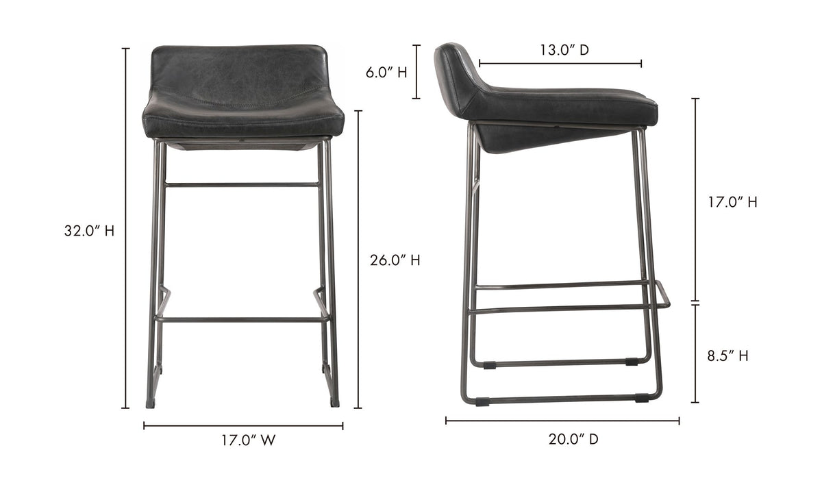 Savoy Counter Stool Set of Two in Onyx Black Leather, dimensions diagram, 17" × 20"