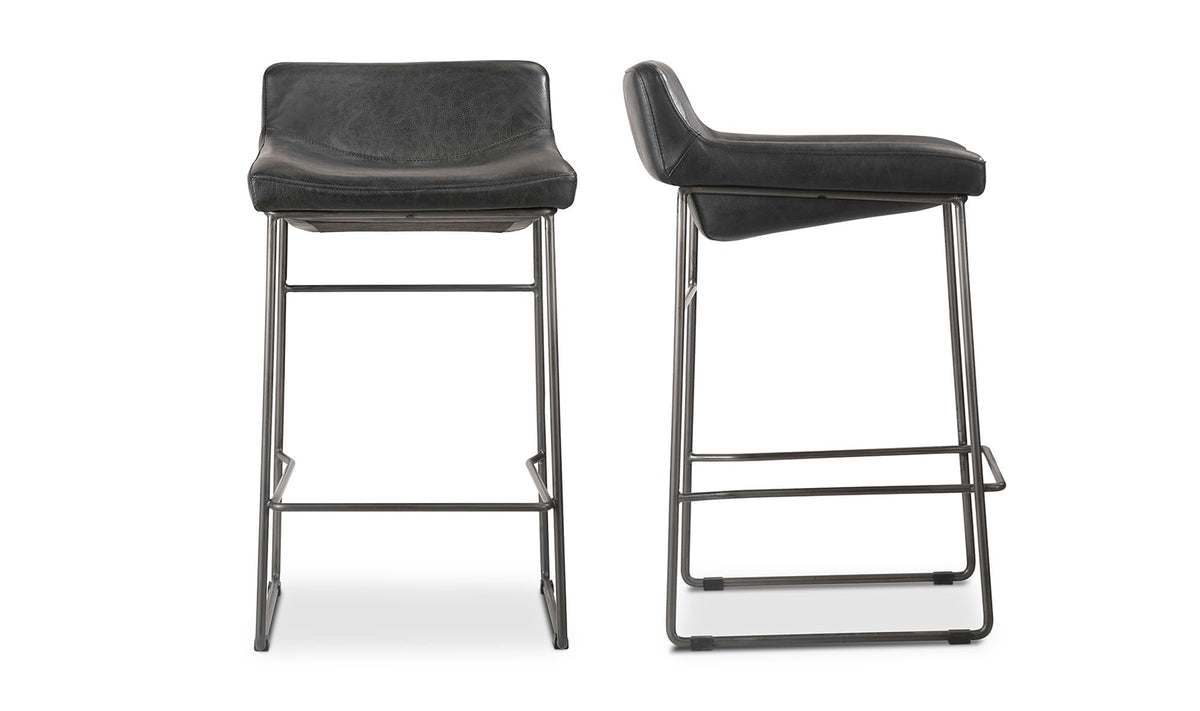 Savoy Counter Stool Set of Two in Onyx Black Leather, top grain leather detail